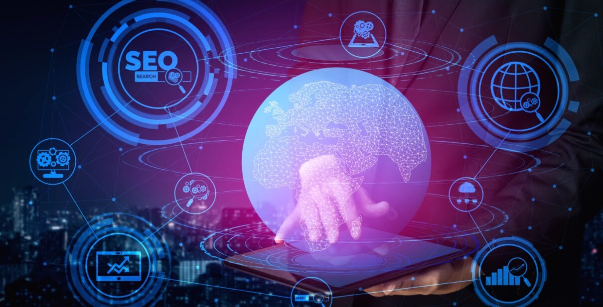 SEO - Search Engine Optimization for Online Marketing Concept. Modern graphic interface showing symbol of keyword research website promotion by optimize customer searching and analyze market strategy.